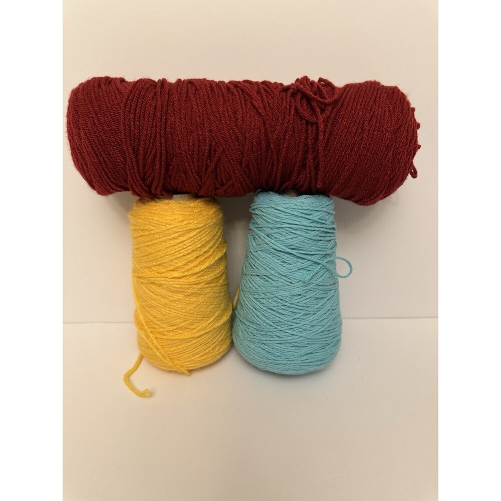 3-Piece Yarn Lot (Red Skein, Yellow & Turquoise Cones) Slightly used